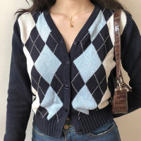 Vintage V-Neck Plaid Long Sleeve Women Sweater 2022 Autumn Winter Short Knitted Cardigan Sweaters Womes England Style Tops