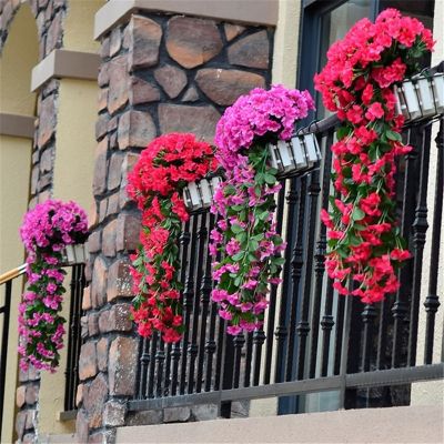 【YF】﹍  5 Petals Orchid Artificial Flowers Wall Hanging Basket Fake Wedding Garden Outdoor DecorationTH