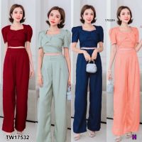 TW17532 Set 2 ชิ้น เสื้อทรงครอปอกแต่งโบว์ + กางเกงขายาว