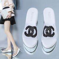 COD DSFEDTGETEER Rhinestone Buckle Womens Wedged Slip On Slippers Summer Shoes Woman Clear PVC Shoes