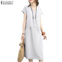 ㍿﹍ ZANZEA Women Stripe Printed Pocket Drawcord Short Sleeve V-Neck Shirtdress