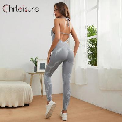 CHRLEISURE Yoga Jumpsuit Women Tie-Dye Backless Sexy Lace-Up V-Neck Seamless One Piece Yoga Set Push Up High Waist Pants Suit