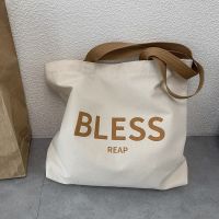 Women Student Canvas Shoulder Shopper Bag Large Bless Letter Cotton Cloth Ladies Handbag Eco Reusable Shopping Bag 35x32 cm