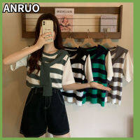 ANRUO เสื้อยืดแขนสั้นนักเรียนลายทาง,เสื้อกันหนาวถักผู้หญิง2023แฟชั่นผู้หญิงสไตล์ขี้เกียจย้อนยุคเสื้อแบบหลวม