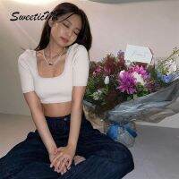 Sweeticme เสื้อยืดลําลอง สําหรับสตรีแขนสั้นคอเหลี่ยม