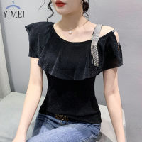 ☢☈✧ YIMEI เสื้อเปิดไหล่เซ็กซี่ของผู้หญิง2023ใหม่ฤดูใบไม้ผลิและฤดูร้อนตาข่ายมีระบายเสื้อตาข่ายลายใบไม้มีระบายความรู้สึกเสื้อยืดเพชรสุดฮอตของผู้หญิง