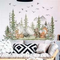 Large Forest Animals Deer Bear Wall Stickers for Kids Rooms Nursery Wall Decals Boys Room Decoration Cartoon Animals Trees Mural