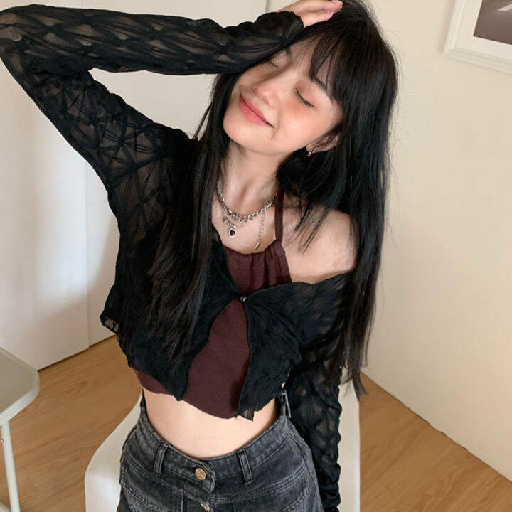 พร้อมส่ง-เสื้อครอปซีทรูเเขนยาวเเบบบาง-สไตลืเซ็กซี่-สีพื้นๆ-สำหรับผู้หญิง