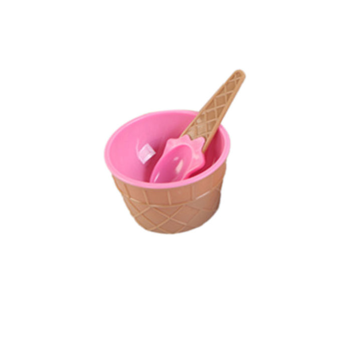 ชามพลาสติกใส่ไอศกรีมโยเกิร์ตแช่แข็งแบบชามของหวานถ้วยพร้อมช้อน-set-sendok-สุ่มสี