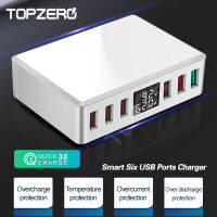 TOPZERO 40W 6พอร์ตเครื่องชาร์จ USB QC3.0,สถานีชาร์จเร็วจอแสดงผล LED อัจฉริยะอะแดปเตอร์ชาร์จติดผนังสำหรับเดินทางปลั๊กแบบ Uk/eu/us