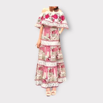 P007-082 PIMNADACLOSET -  Off Soulder Sleeveless Tie Waist Floral Print Tiered  Loose Maxi Dress