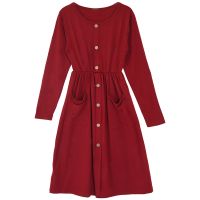 Autumn Round Neck High Waist pocket Button Midi Dress female Solid Color Long-sleeved Vintage Dress Casual Party Dress