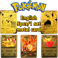 Newest Pokemon Cards 5pcs1 Set of Metal Collectible Cards Anime, Gifts, Toys, Charizard, Pikachu, GX, V, VMAX, EX. Promotion