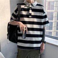 CODpz119nb Short sleeve T-shirt male lapel stripe POLO shirt popular lo短袖T恤男翻领条纹POLO衫潮牌港风宽松上衣服五分半袖体恤3.7