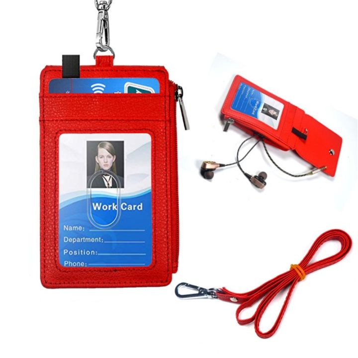 ELV Badge Holder with Zipper, PU Leather ID Badge Card Holder Wallet with 5  Card Slots, 1 Side RFID Blocking Pocket and 20 inch Neck Lanyard Strap for  Offices ID, School ID