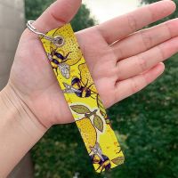 Yellow lemon and bee garden Leather Keychain cute Strap Keyrings Hanging Holder Bag Car Wallet Trinket Keychain Hanging