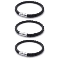 3X Stainless Steel Leather Bracelet, Braided Leather Bracelet, for Men Women, Black - Width 6mm - Length 19cm