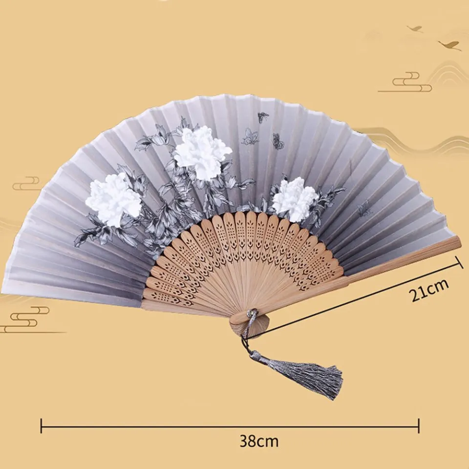 Chinese Vintage Paper Fans Handheld Wooden Handle Art Flower