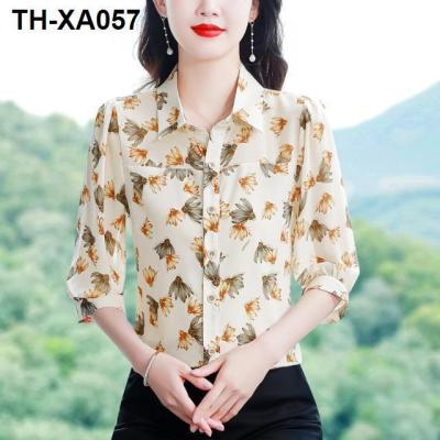 Western-style printed five-quarter-sleeve chiffon womens 2023 summer new fashion age-reducing all-match thin temperament top