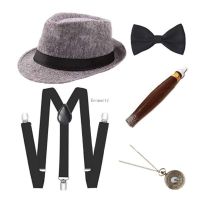 1920s Mens COSPLAY Gangster เครื่องแต่งกายอุปกรณ์เสริมชุด Manhattan หมวก suspenders Bow Tike พลาสติกซิการ์นาฬิกา