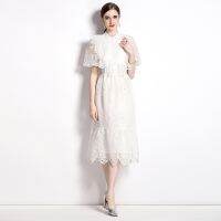 Ladies New Dress Real Shot Spot Summer New Stand-Collar Hollow-out Ruffled Drawstring Waist Graceful Western Style White Lace Dress