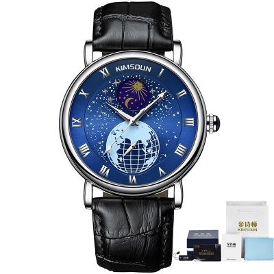 ⌚2023 Kimsdun นาฬิกากลไกอัตโนมัติสำหรับผู้ชาย,นาฬิกาข้อมือกลไกนาฬิกาหนังแท้กันน้ำหรูทรงดวงจันทร์