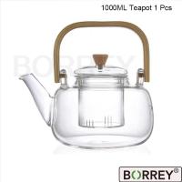 1000Ml Teapot(1pcs) BORREY Handle Glass Teapot Heat-Resistant Teapot Flower Tea Kettle Large Clear Fruit Juice Container Ceramic Teapot Holder Base