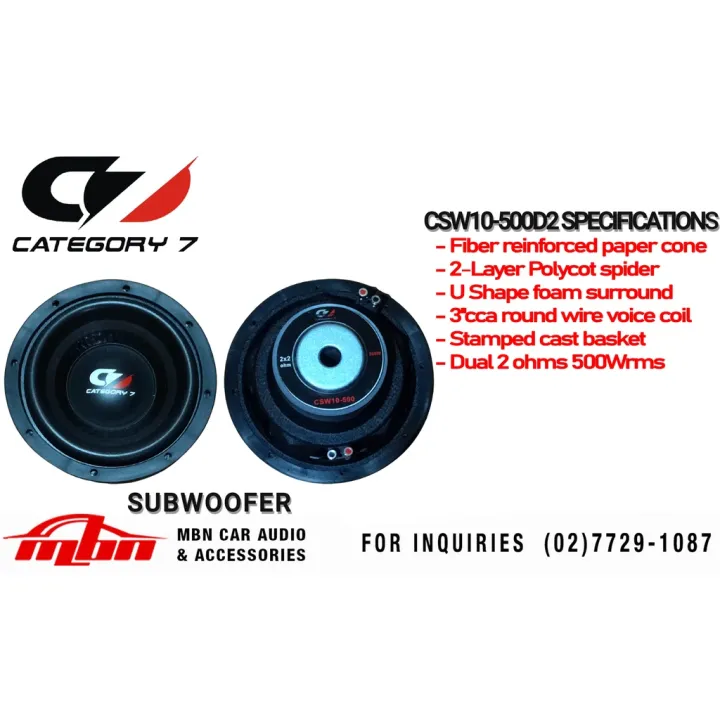 CATEGORY 7 CSW10500 Dual 2ohm 10'' Subwoofer 500Wrms 1pc. Lazada PH