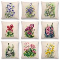 Watercolor Flowers Linen Cushion Cover Bluebells Geranium Cornflowers Hollyhocks Bouquet Floral Aquarelle Sofa Throw Pillow Case Cushion Cover