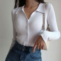 Lucyever sexy decote em v malha cardigan camisola feminina 2022 novo magro emagrecimento manga longa topos feminino elástico com nervuras botões blusas