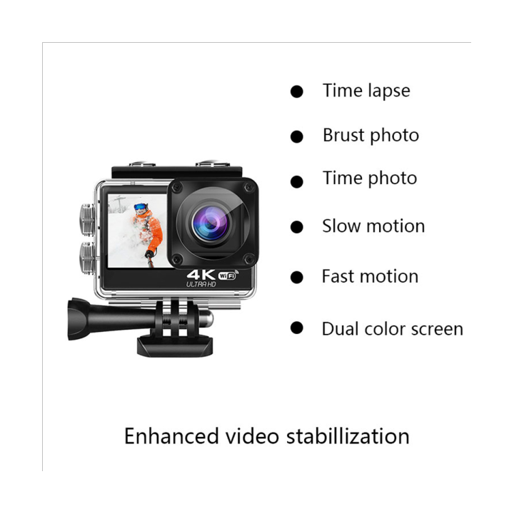 4k 60fps Wifi Action Camera Anti Shake Dv Camera Dual Screen 170 Wide