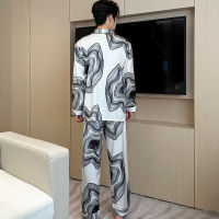 Jxgarb Autumn New Mens Ice-silk Pajamas Sets Full Sleeve And Trousers Two Pieces Satin Male Winter Leisure Night Clothes