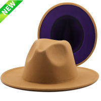 ใหม่ด้านนอก Tan ด้านในผ้าขนสัตว์สีม่วง Felt JAZZ Fedora หมวกผู้ชายผู้หญิงกว้าง brim ปานามา trilby หมวก56-58ซม. ขายส่ง