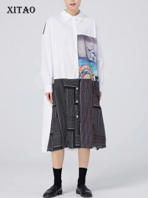 XITAO Dress Fashion Asymmetrical Striped Print Full Sleeve Shirt Dress