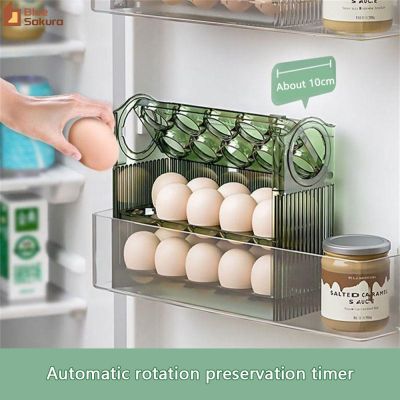 ซากุระสีน้ำเงินพลิกกล่องใส่ไข่กล่องเก็บของไข่ที่จัดเรียงตู้เย็นภาชนะบรรจุอาหารไข่สด-เก็บรักษาถาดวางเครื่องจ่ายกล่องเก็บของกล่องเก็บของในครัว