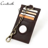 【LZ】 CONTACTS Genuine Leather Men Card Holder Wallet Keychain RFID Mini Anti-lost Air Tag Cover Coin Pocket Potable Slim Card Case