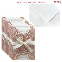 10pcs/set Cut Glitter Lace Wedding Invitation Cards With Bow Ribbon Envelopes For Bridal Shower Engagement Birthday Dropship