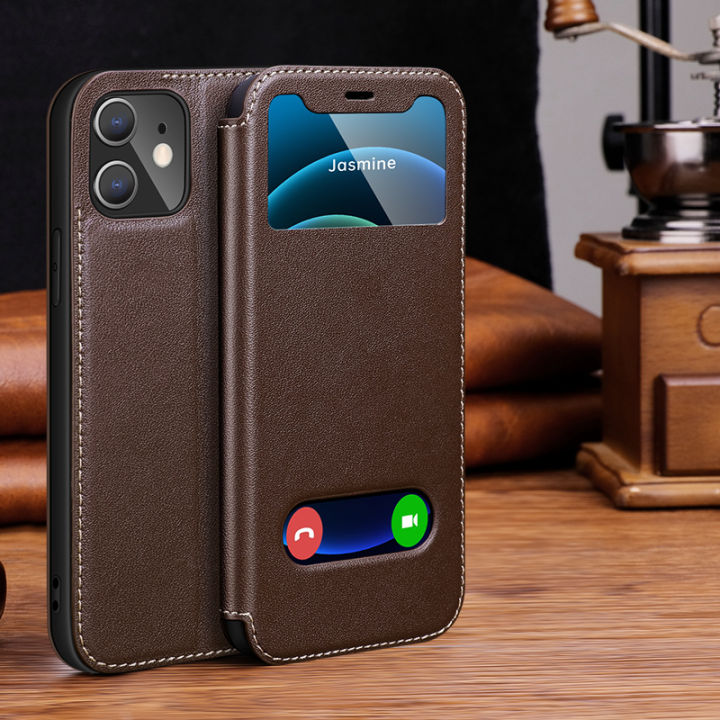 Genuine Leather case for iphone 12 pro max case luxury window flip cover for iphone 13 mini case xr xs max 11 pro max book cover