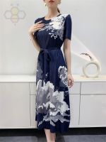 ❣♤ Aiden001 L-645 Summer Womens Printed Mid-Length Age-Reducing Bandage Pleated Skirt Pullover A-Line Dress One Size (45-75Kg)