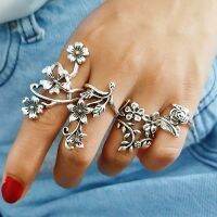 4Pcs/Set Vintage Ancient Silver Sen Vine Leaves Flower Rose Women Girl Charming Bohemia Antique Silver Color Floral Knuckle Ring