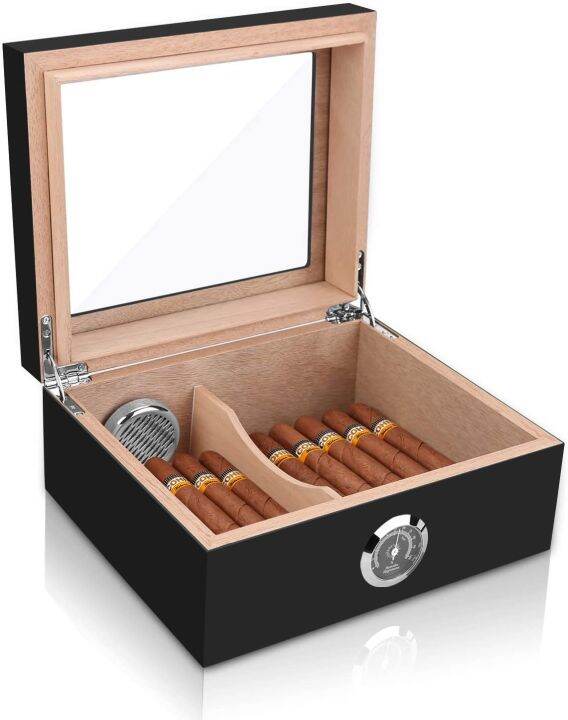 Cigar Humidor, Spanish Cedar Wood Cigar Desktop Box, Glass Top for 25