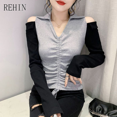 REHIN ผู้หญิงฤดูใบไม้ร่วงใหม่ที่ไม่มีสายหนังแขนยาวเสื้อยืดคอวีออกแบบ Drawstring เสื้อหรูหรา