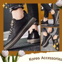 Korean? รองเท้าผ้าใบแฟชั่นผู้ชาย สีดำล้วน หนังเทียมนิ่ม ใส่สบาย เบอร์ 39-44