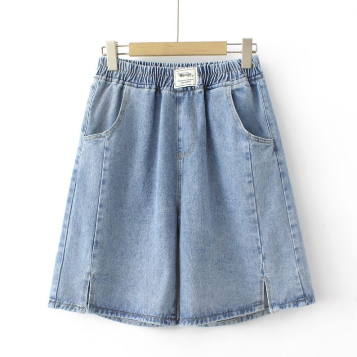 มีไซส์ใหญ่-plus-size-womens-wide-leg-denim-summer-shorts-elastic-waist-solid-color-casual-female-shorts-with-pockets