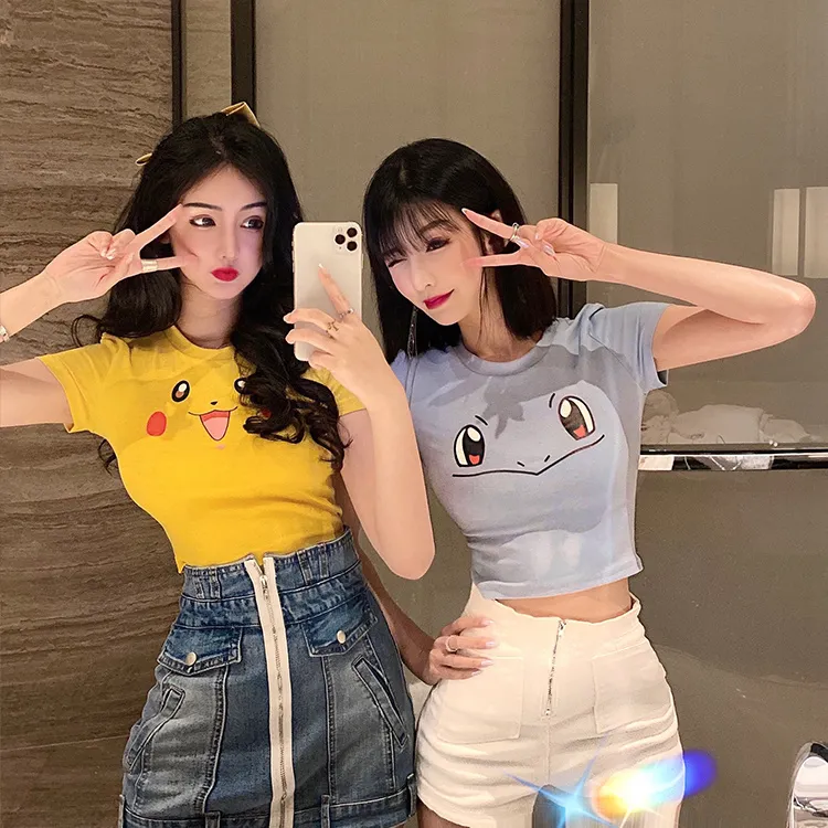 Crop top for girls women korea fashion Cute cartoon short sleeve skinny  tshirt | Lazada