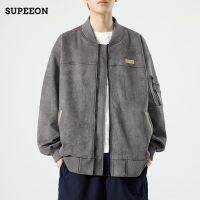 SUPEEON丨แจ็คเก็ตหนังกลับมีฮู้ดคอกลมผู้ชายวินเทจ Jaket Baseball ทึบ