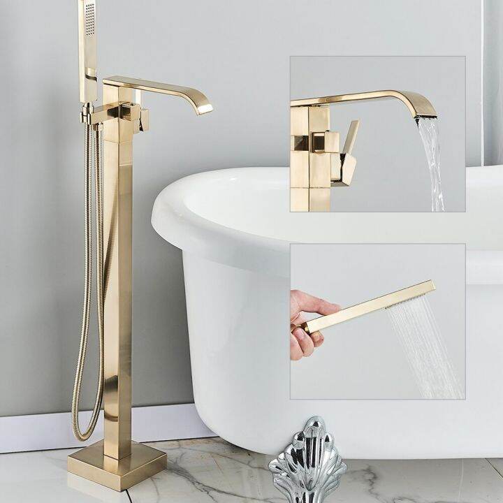 (phhflvv) Luxury Brushed Gold Bathtub Faucet Free Standing Bathroom Tub ...