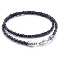 Jewelry Mens Necklace - 3mm Cord - Leather - Stainless Steel - for Men - Color Black Silver - With Gift Bag