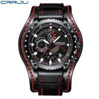 ⌚Relogio Masculino CRRJU นาฬิกานาฬิกากีฬาสำหรับผู้ชายสายหนังสีดำกันน้ำนาฬิกาข้อมือควอตซ์แบบอะนาล็อกสำหรับผู้ชาย