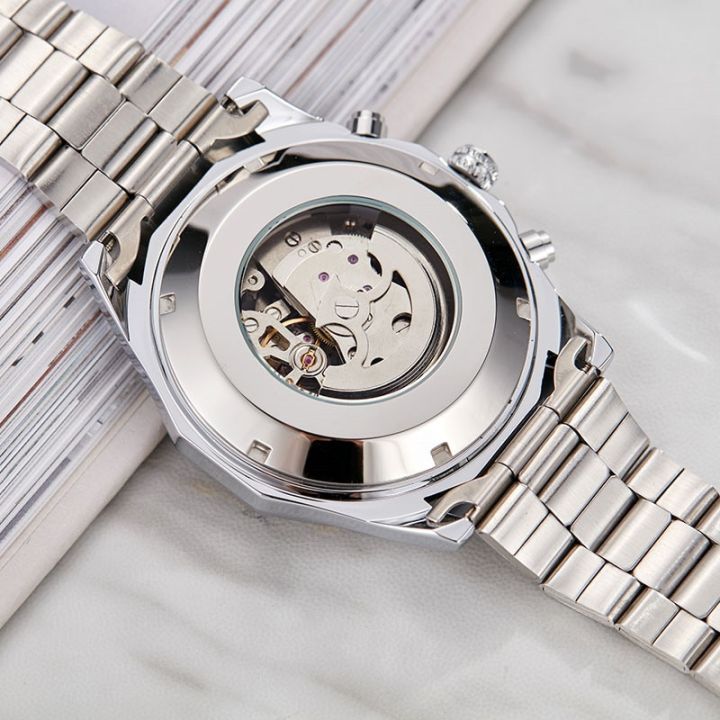 โมเดลโครงกระดูกของเล่นนาฬิกาผู้ชายสะท้อนแสงอัตโนมัติระบบไขลาน-นาฬิกาสายเหล็กกลไกดูนาฬิกาชายไขลาน